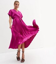 New Look Deep Pink Satin Pleated Midi Wrap Dress